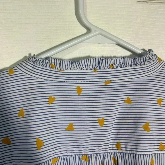 Talbots Button Up, Ruffle detail, Blue/White Stripe with Gold Hearts. Size Large - Picture 9 of 13